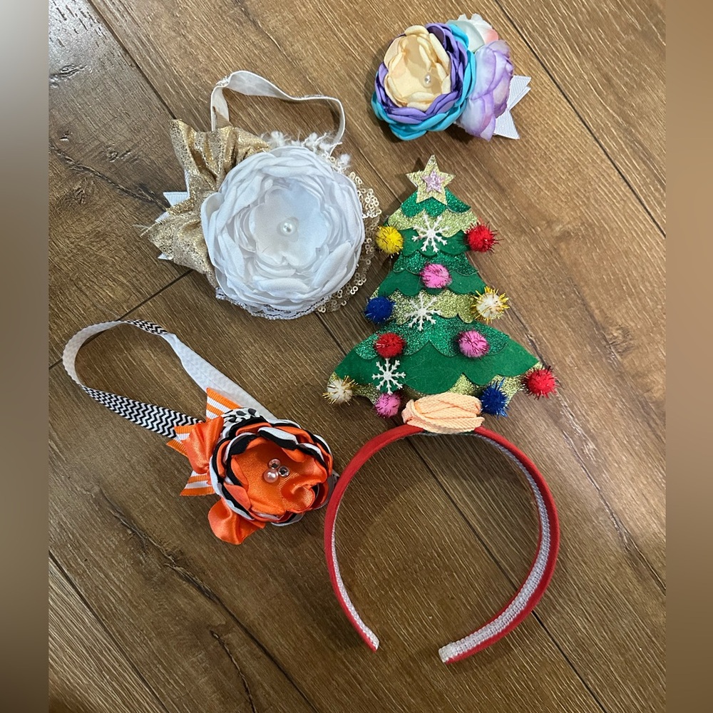 3 headbands 1 clip in hair bows.  Eclectic Egg.  Handmade by small shops.